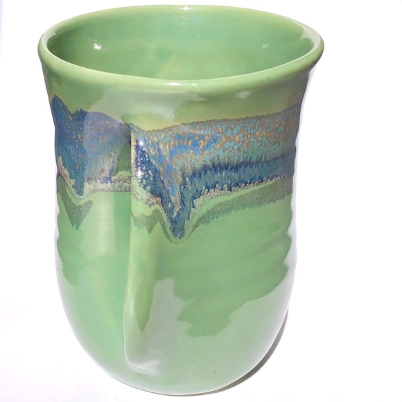 Left Handed Mug Neher Signed Pottery Green Blue Drip Glossy Glaze 2017 Tall Cup - Picture 2 of 15